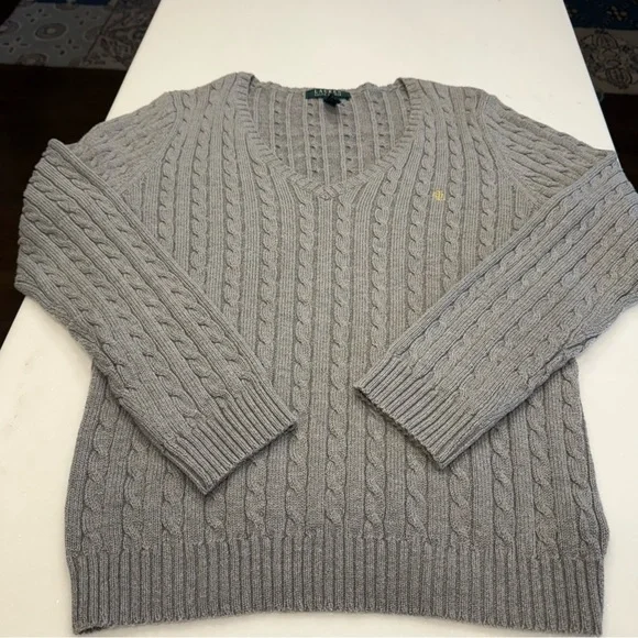 Lauren Ralph Lauren Women's Cable Knit V-Neck Sweater Gray Sz Large - Picture 9 of 9